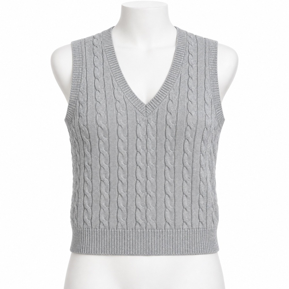 Brandy Melville Sweater Vest Women OSFM Gray Cable Knit Preppy V-Neck Sleeveless